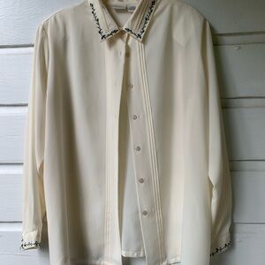 Koret Ivory cream Blouse with Leaf Embroidery 18w vintage